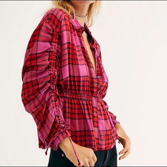 FREE PEOPLE | pacific dawn pink plaid cinched waist top small NWT - Picture 6 of 16